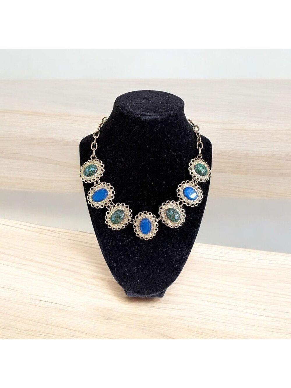 Necklace, Gold-Tone Filigreed 1.5โ Oval Stones, Blue & Green Patternedโฆ